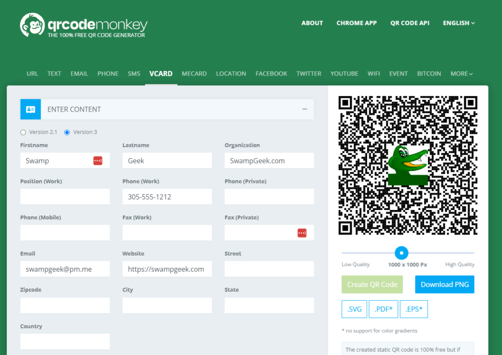 Create a vCARD QR Code